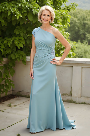 Light Blue Sheath One Shoulder Mother of the Bride Dress with Appiques
